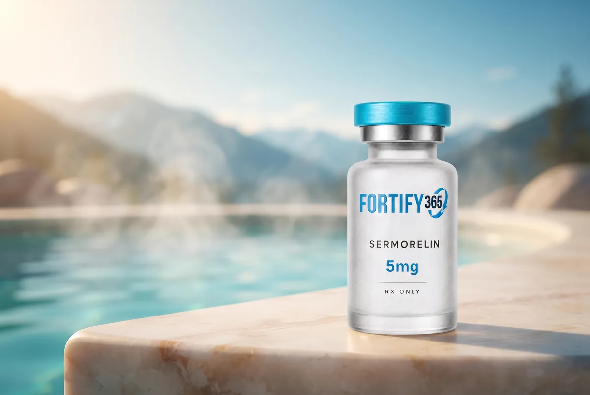Fortify 365 Sermorelin vial beside a steaming mountain hot spring